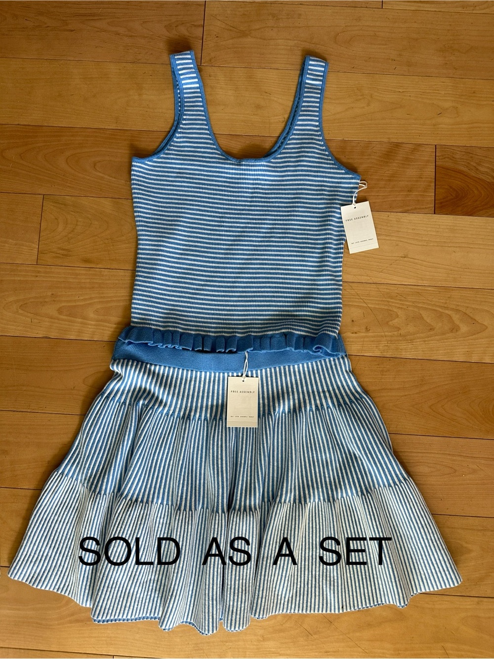 Blue Striped Sleeveless Knit Top & Skirt Set
